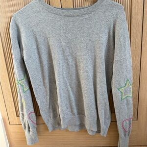 Society Grey Crewneck Sweater with Colorful Star & Heart Embroidery